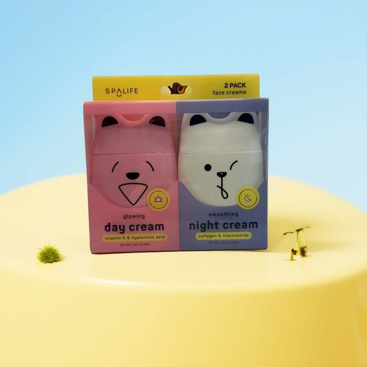 SpaLife Face Cream Duo in dog-shaped jars, Vitamin C & Collagen.