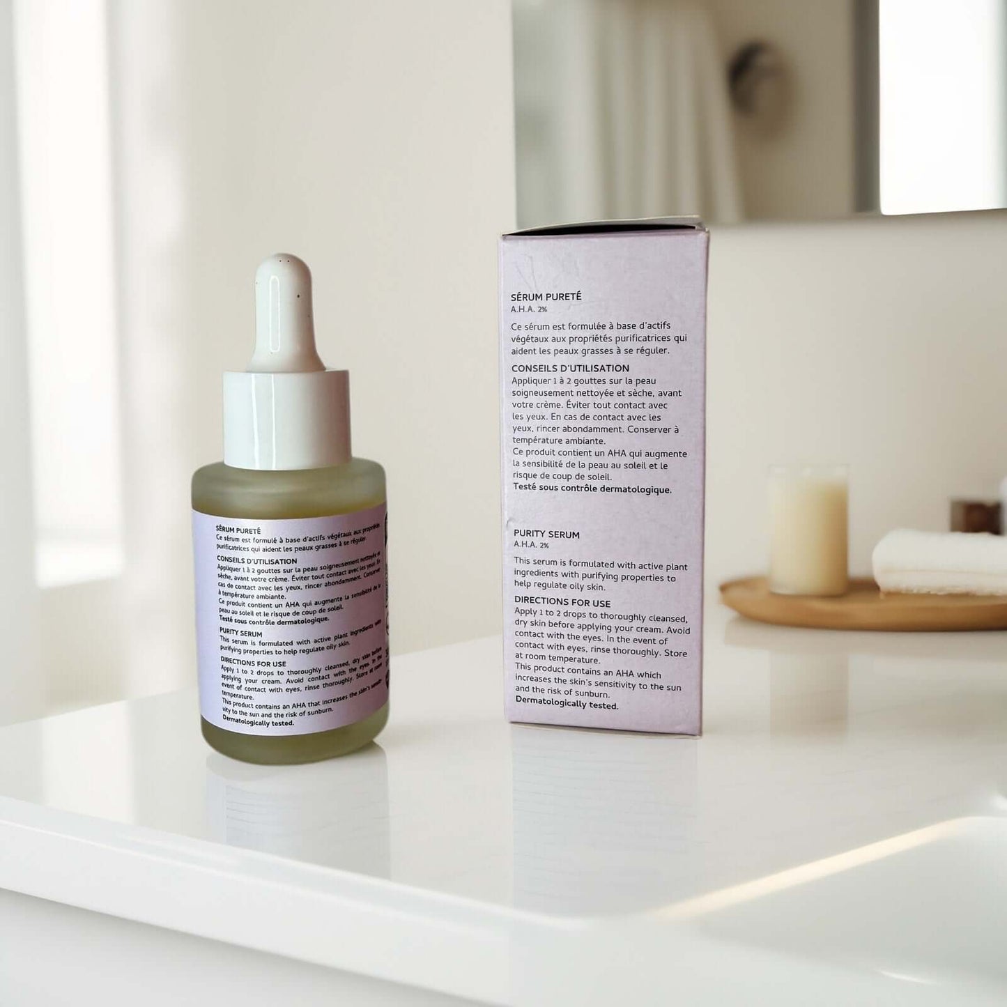 AHA 2% Purity Serum by Body Respect with packaging on countertop.