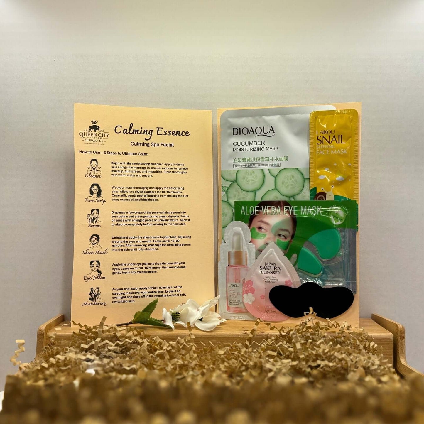 Calming Essence Spa Night kit with skincare products displayed.