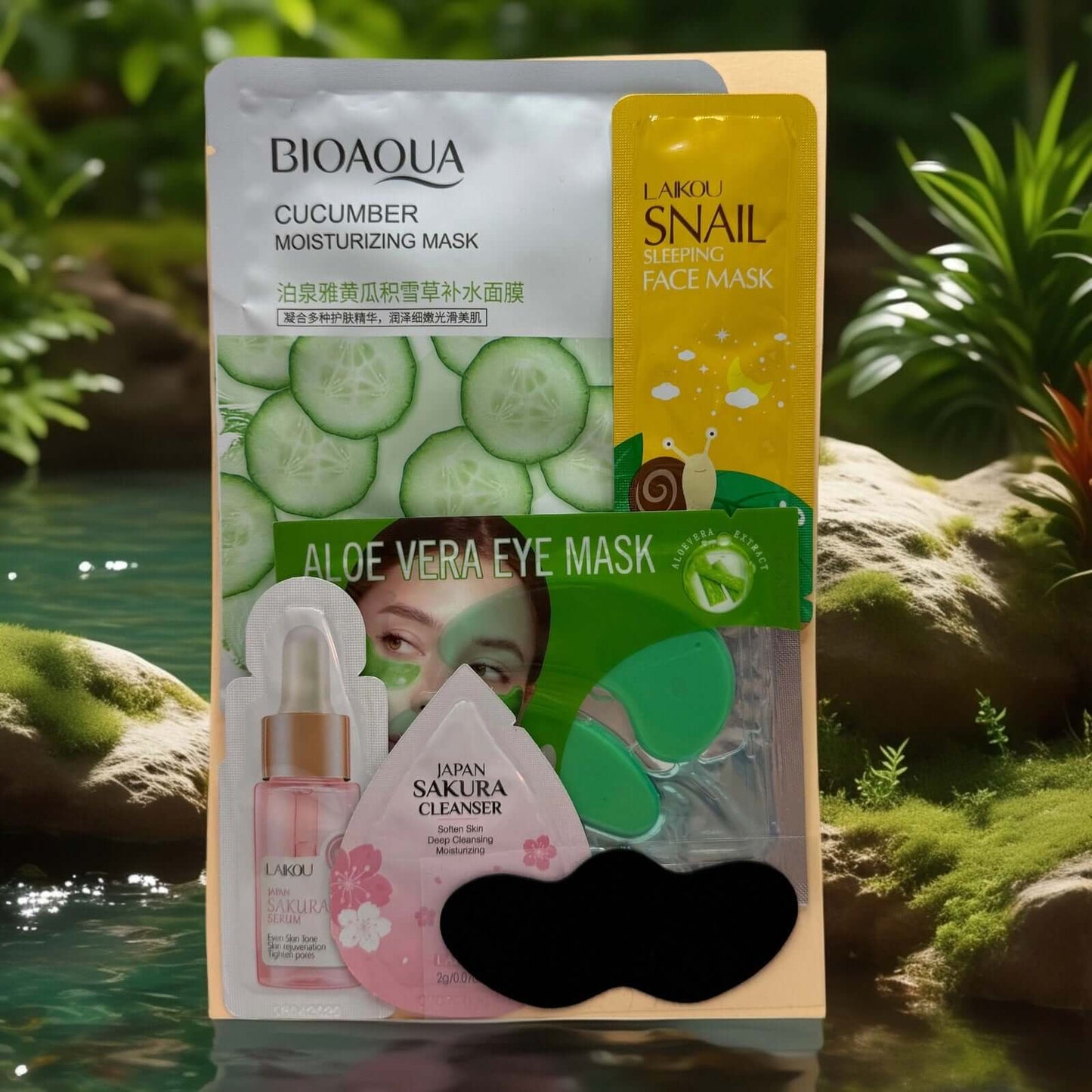 Spa night skincare masks: cucumber, snail, and aloe eye mask.