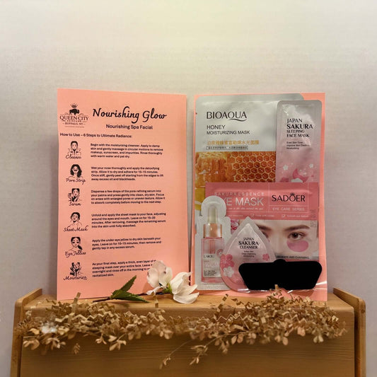 Nourishing Glow Spa Night kit featuring skincare products and guide.