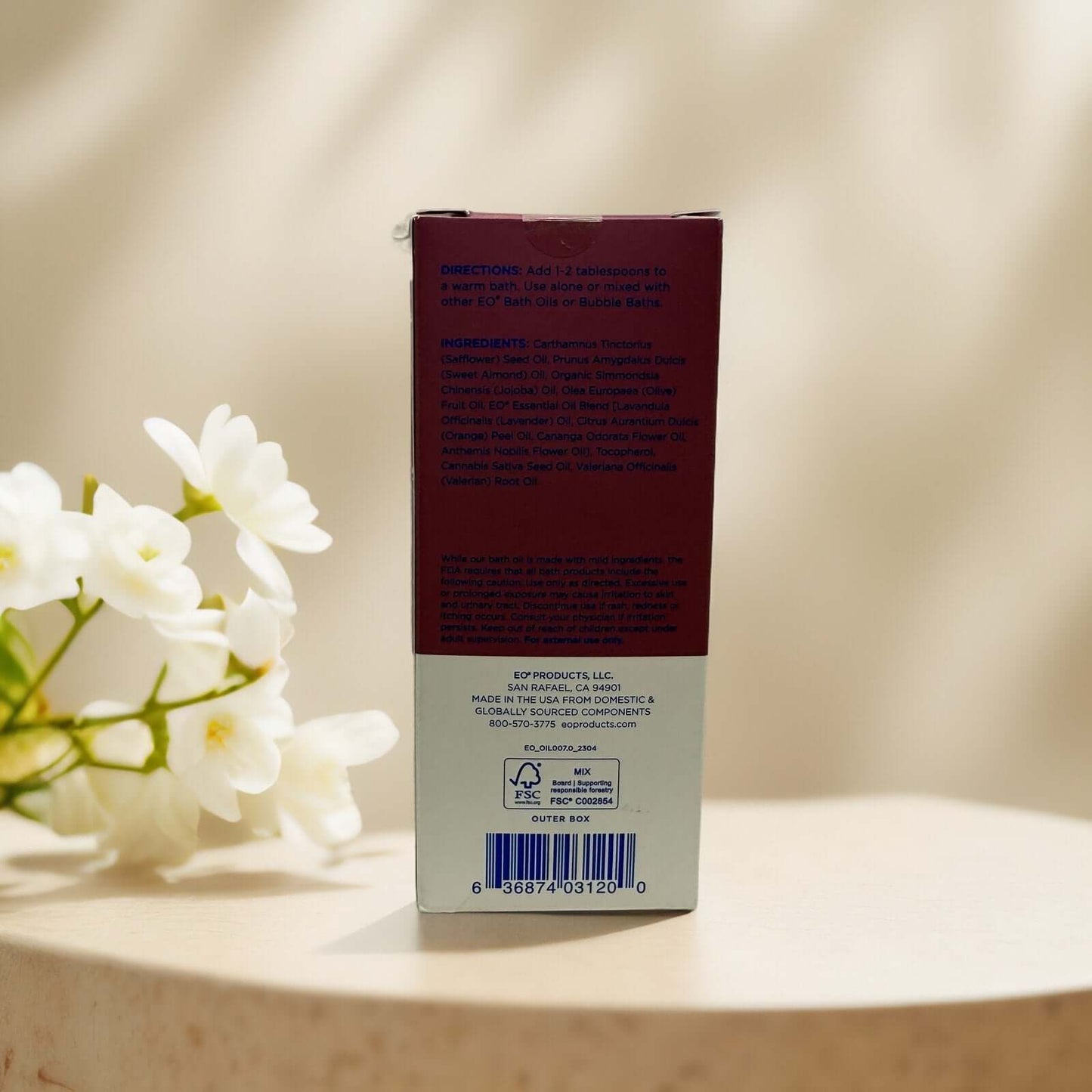 Back view of Sweet Slumber Bath Oil packaging with directions