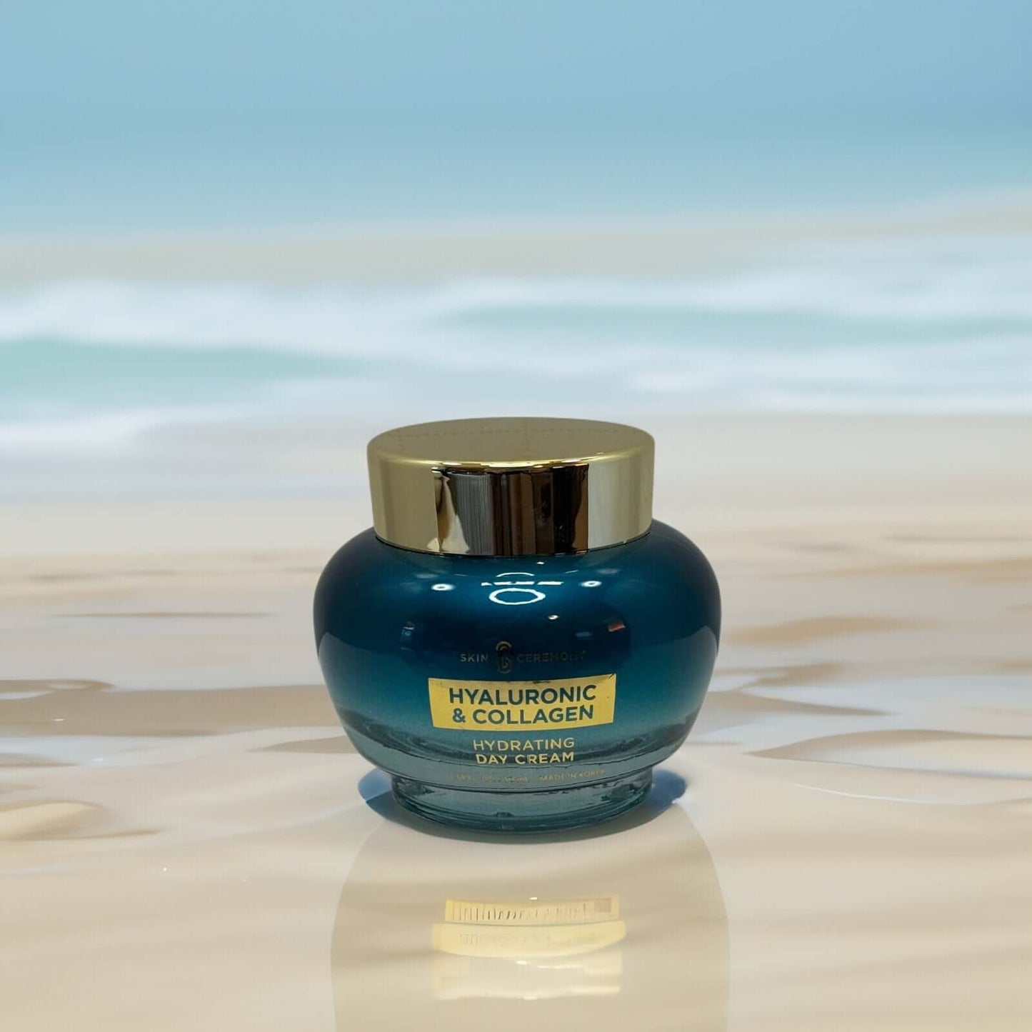 Skin Ceremony Hyaluronic & Collagen Hydrating Day Cream jar on a light surface.