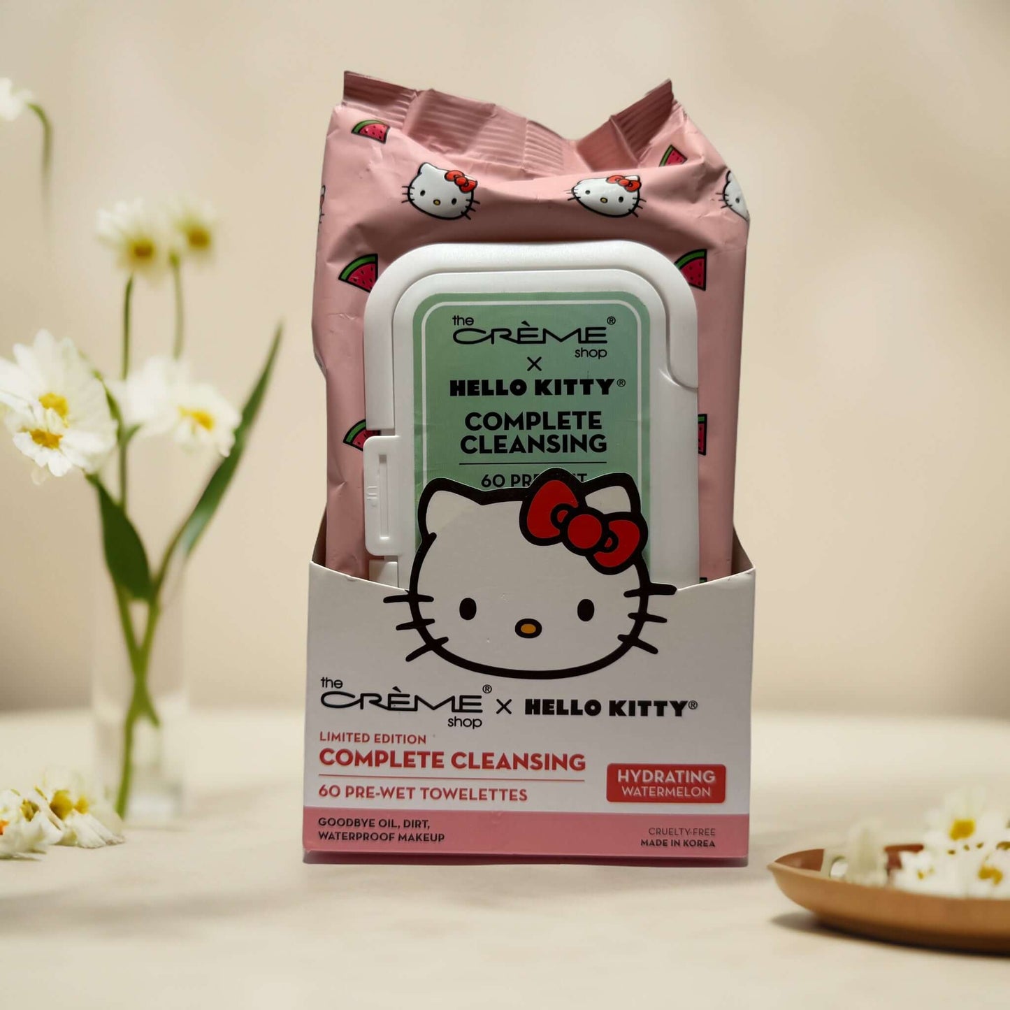 Hello Kitty hydrating cleansing wipes pack, 60ct, essence-rich.