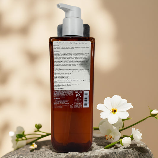 Nourishes & Shines | Perfect Serum Original Shampoo by mise en scène – 22.99 fl oz, brown bottle with floral accents.