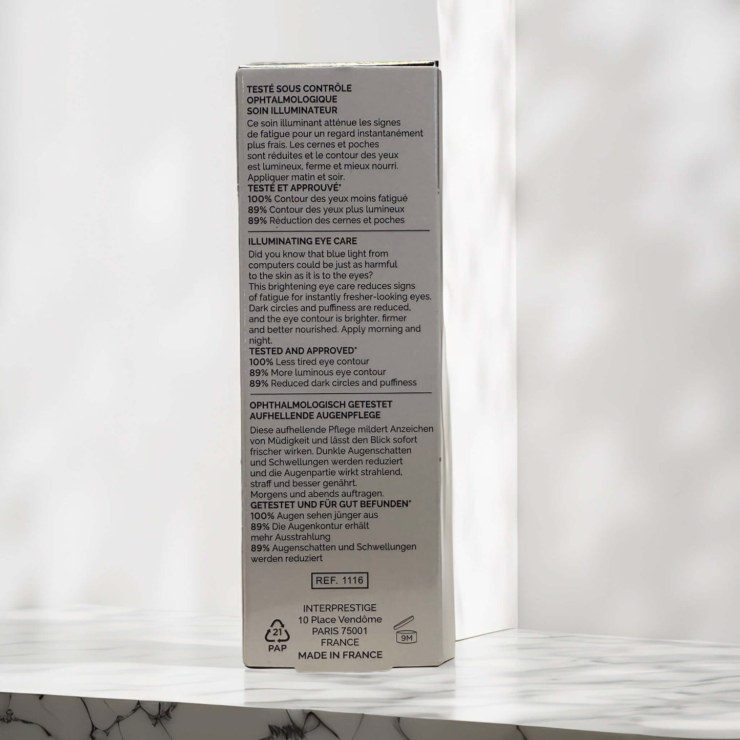 Back of Eye Priority Eye Illuminator box with benefits and usage.
