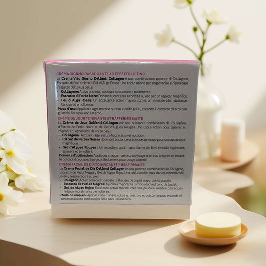 Back of Delfanti Milano Collagen Day Cream box with product details.