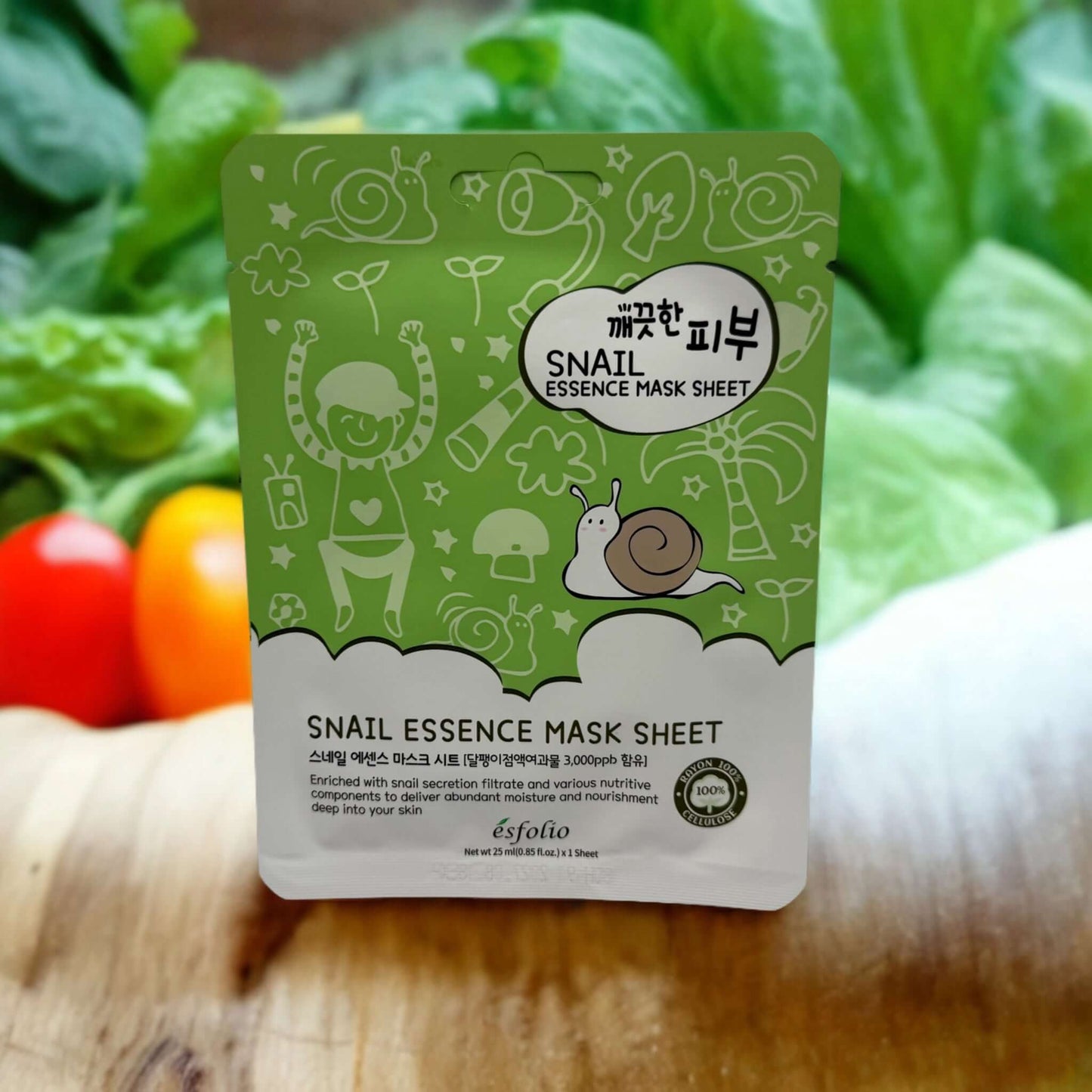 Snail Essence Mask Sheet by esfolio, featuring natural ingredients for skin nourishment and hydration.