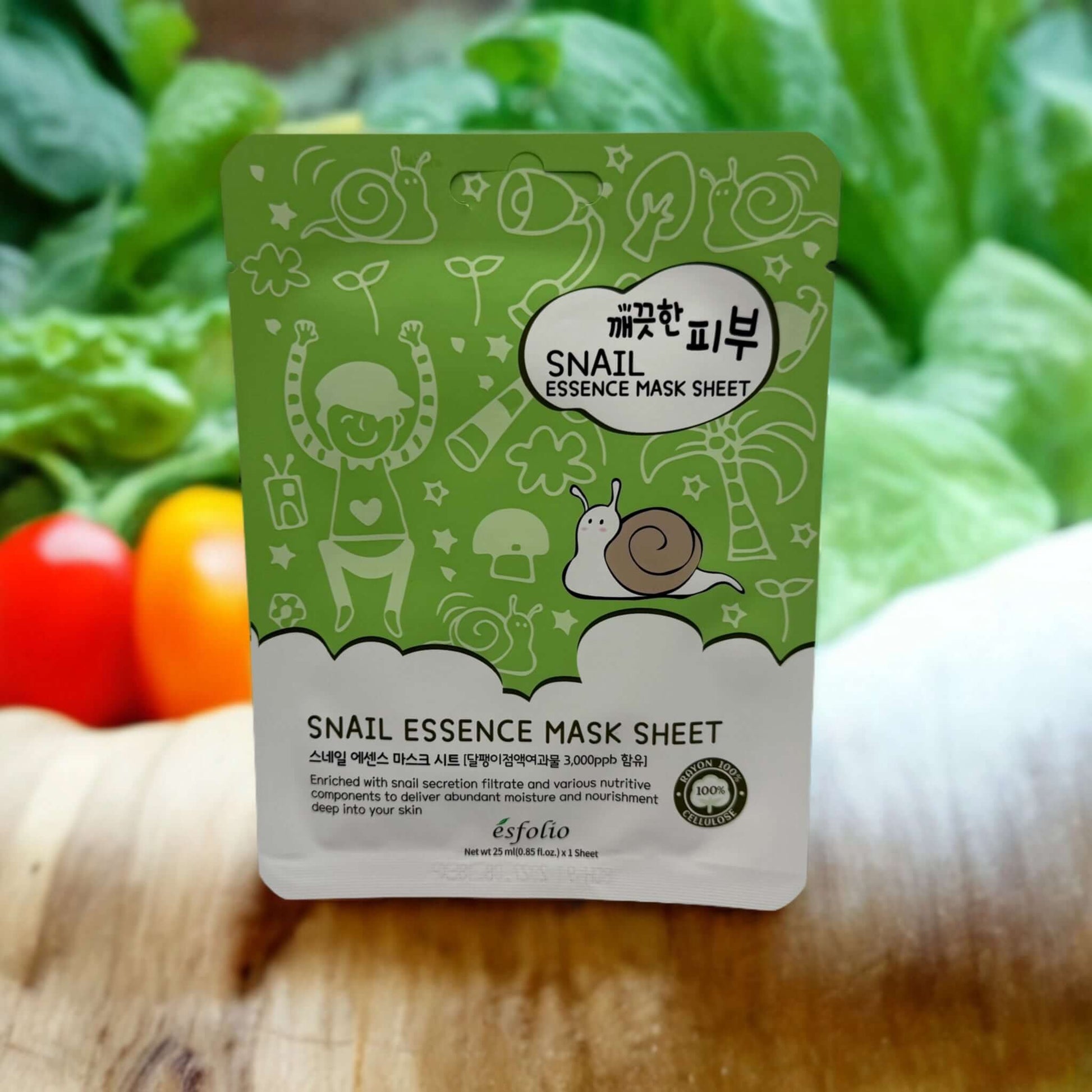 Snail Essence Mask Sheet by esfolio, featuring natural ingredients for skin nourishment and hydration.