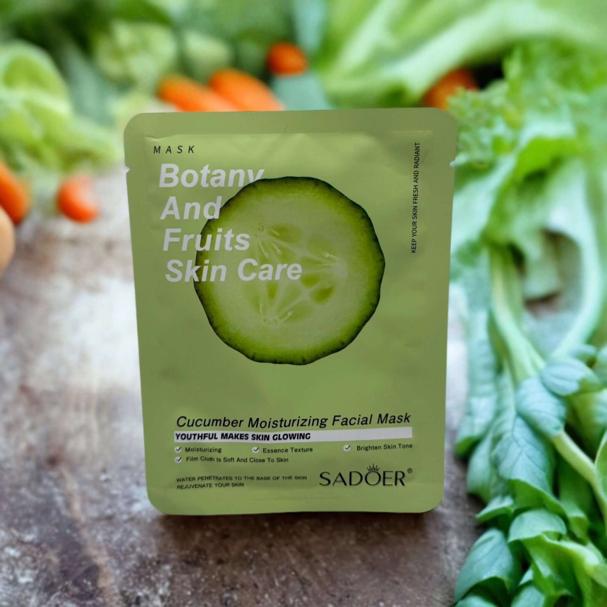 Cucumber moisturizing facial mask by SADOER, designed for glowing skin care and hydration.