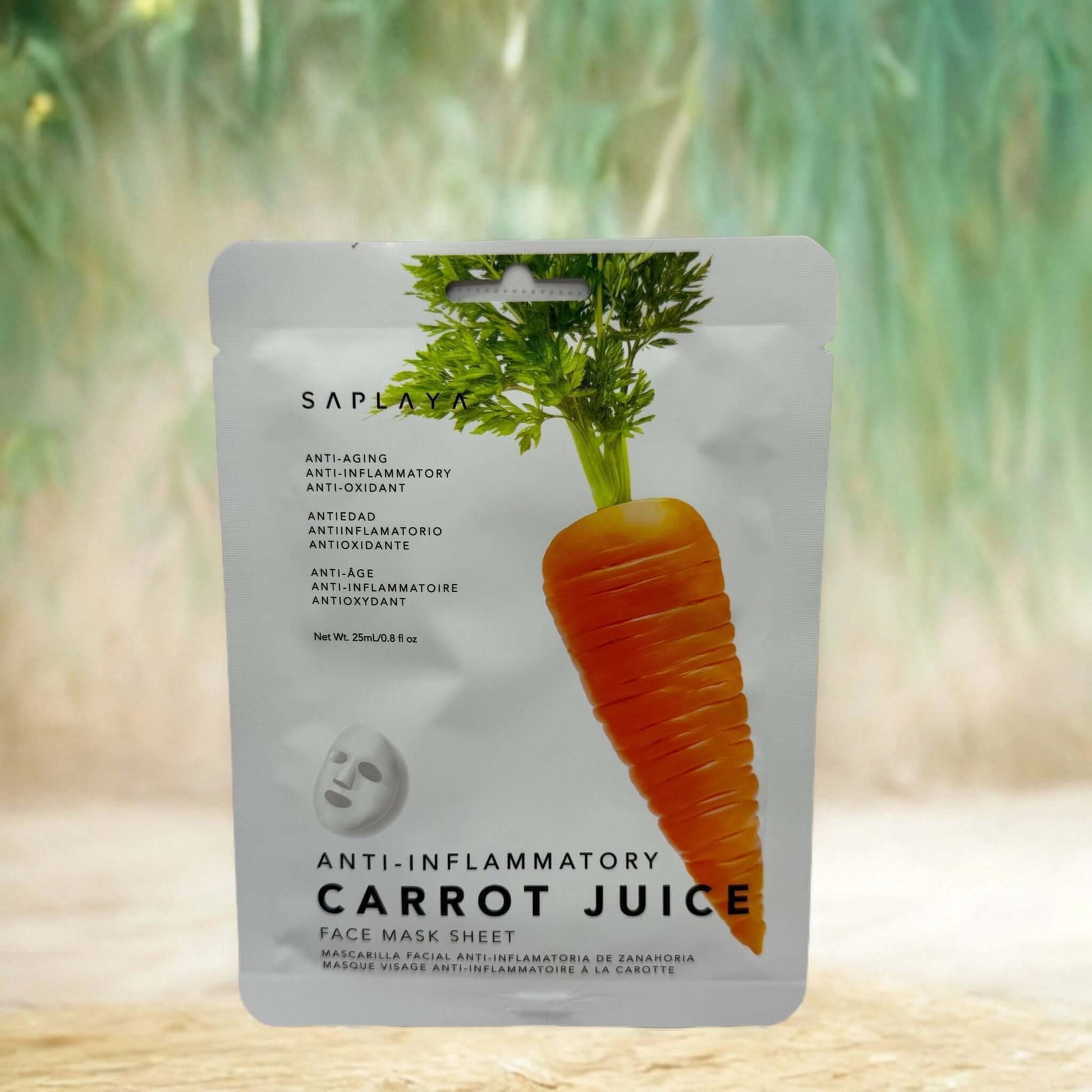 Anti-inflammatory carrot juice face mask sheet with vibrant carrot design for glowing skin.