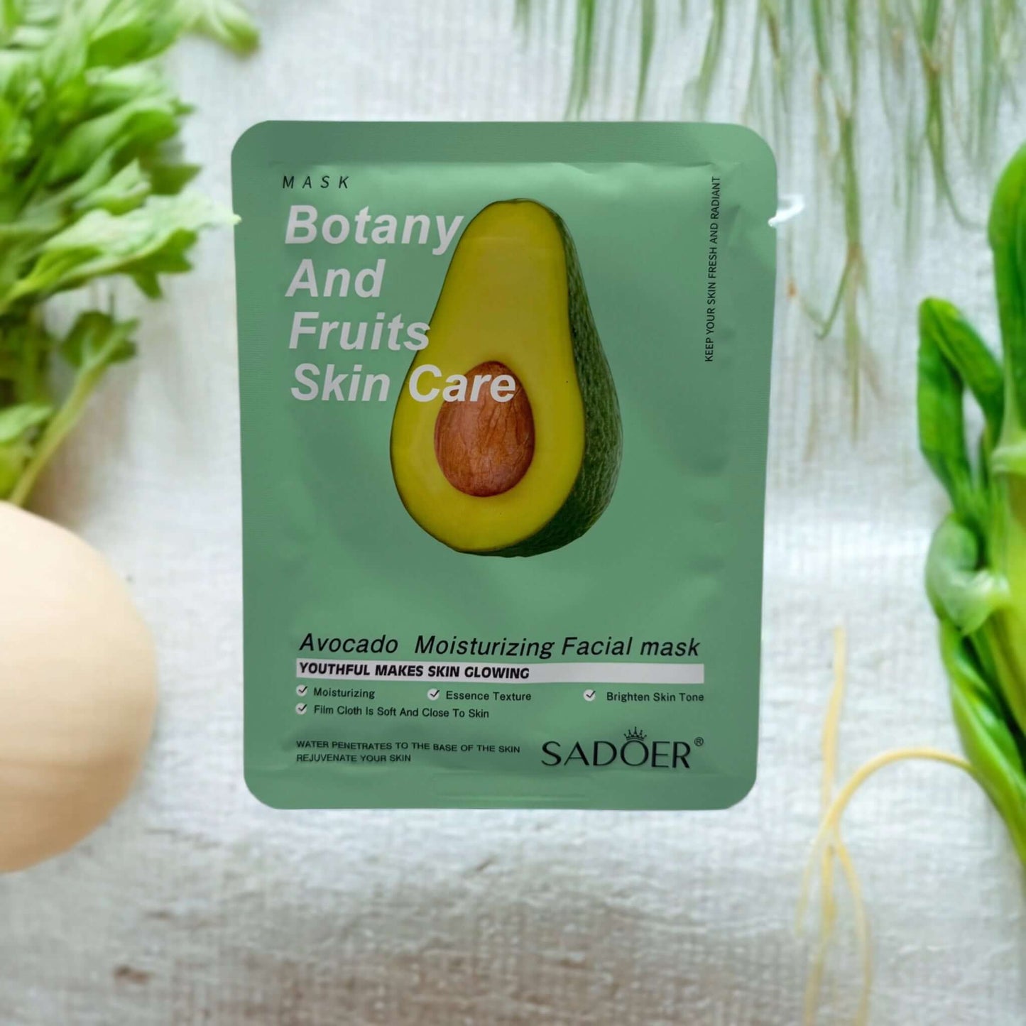Avocado moisturizing facial mask package, part of the Botany and Fruits skincare line for glowing skin.