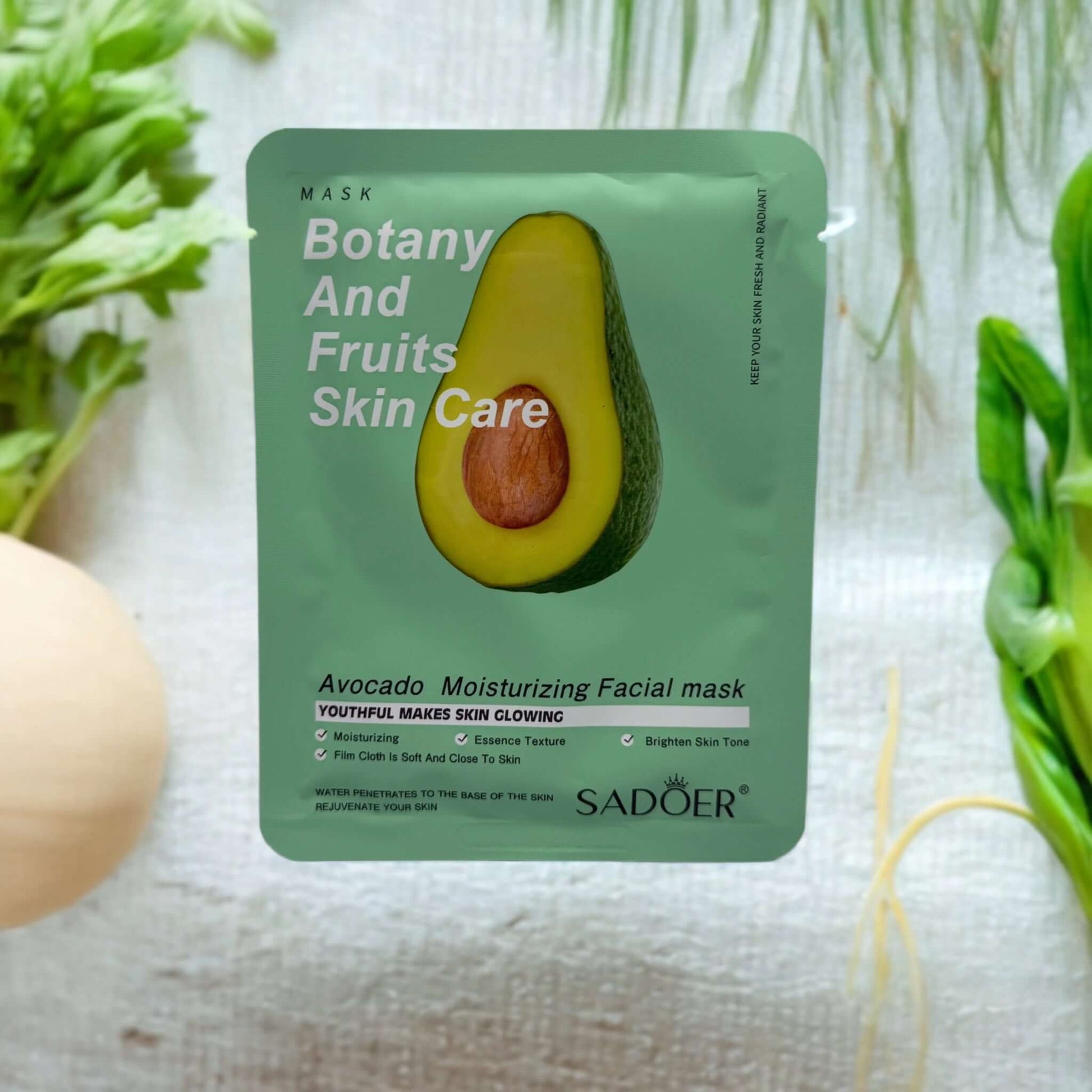 Avocado moisturizing facial mask package, part of the Botany and Fruits skincare line for glowing skin.