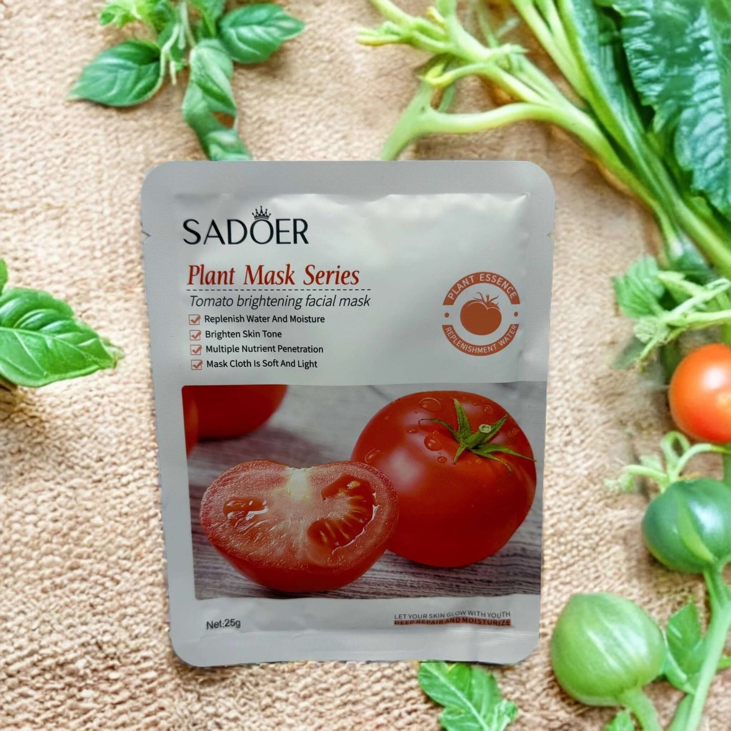 SADOER Tomato Brightening Facial Mask, replenishes moisture and brightens skin with nutrient-rich ingredients.