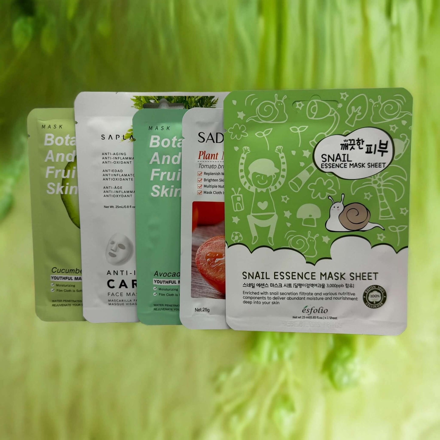 Set of five plant-based facial masks including cucumber, avocado, snail essence, and more for glowing skin.