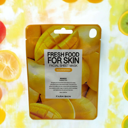 Mango facial sheet mask from Farm Skin, nourishing and revitalizing skin with fresh fruit ingredients.