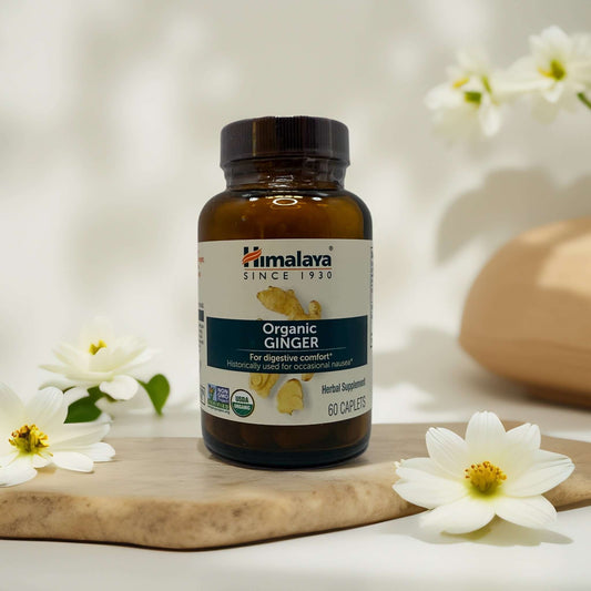 Himalaya Organic Ginger supplement bottle with flowers.