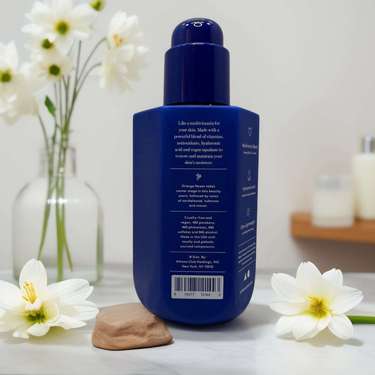 Back view of Athena Club Dewy Body Lotion bottle with flowers.