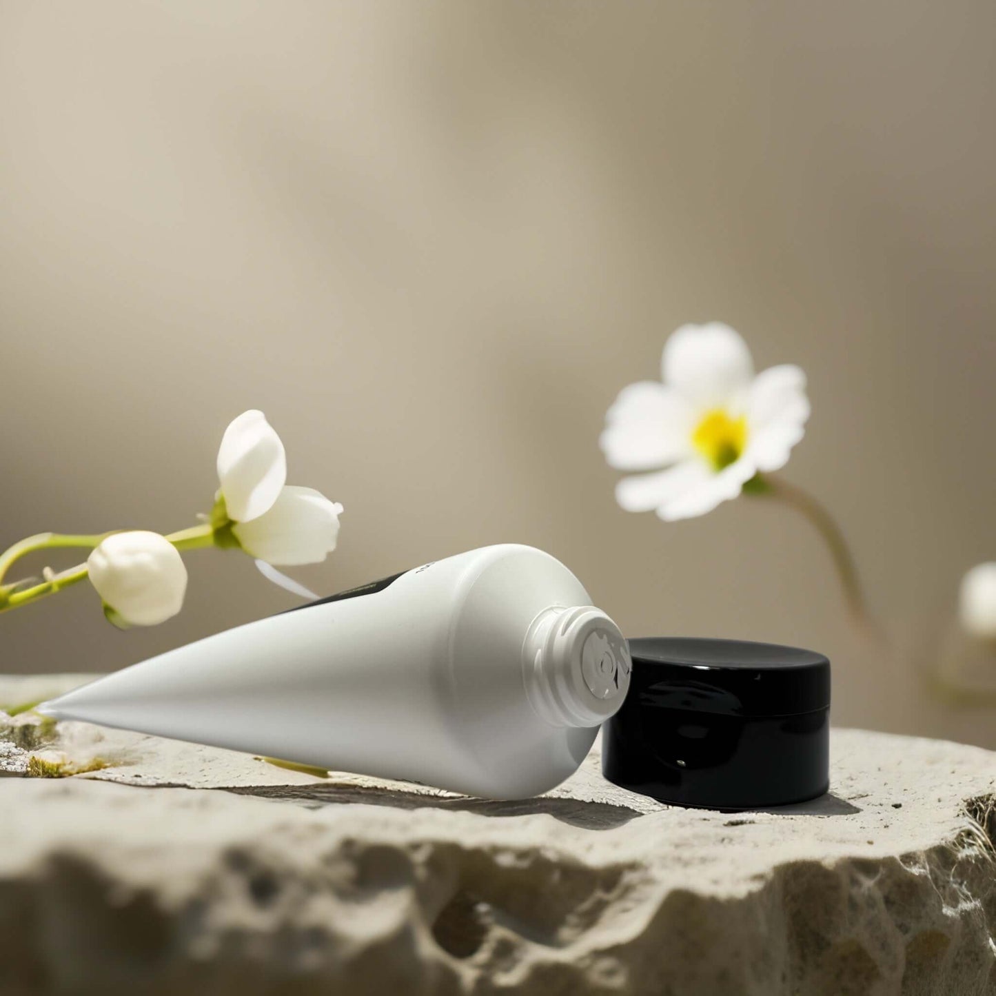 COSRX Gentle Repair Snail Mucin Gel Cleanser on a stone surface with flowers, showcasing its soothing and nourishing properties.