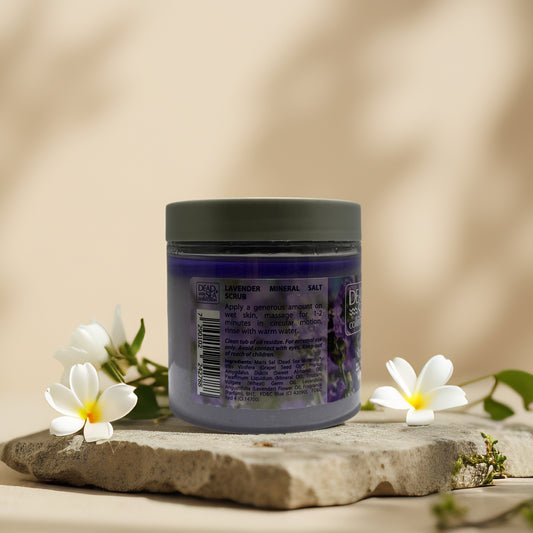 Lavender mineral salt scrub, Dead Sea collection, soothing body polish in jar with flowers, 23.3 fl oz.