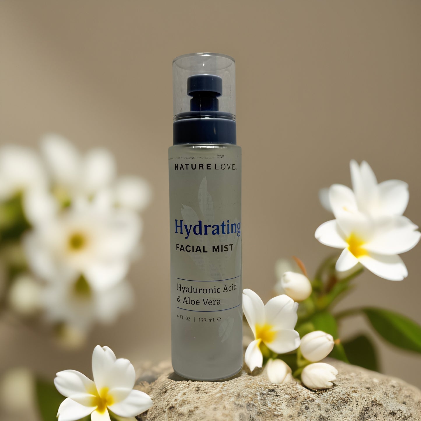 Nature Love Hydrating Facial Mist with Hyaluronic Acid & Aloe Vera, 6.0 fl oz, refreshing skin mist with floral background.