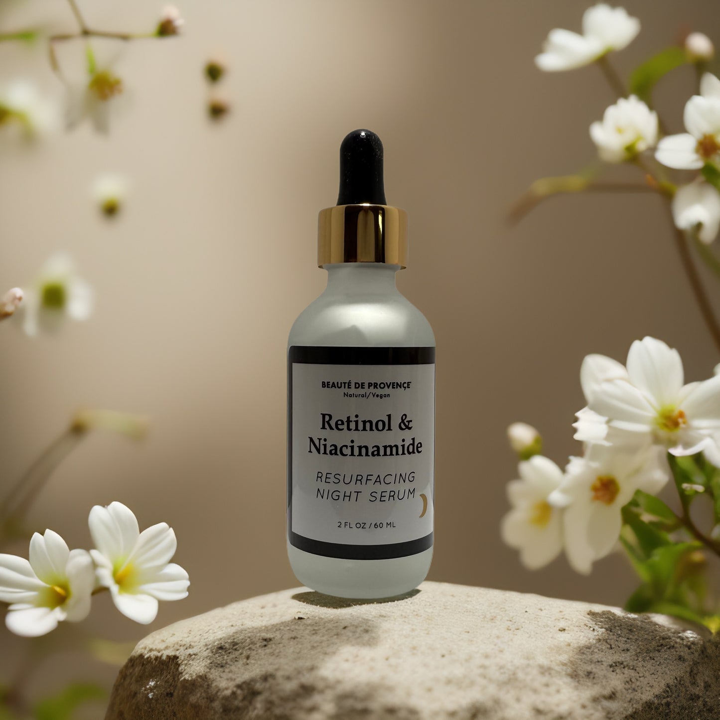 Retinol & Niacinamide night serum by Beauté de Provence in a floral setting, promoting skin repair and hydration.