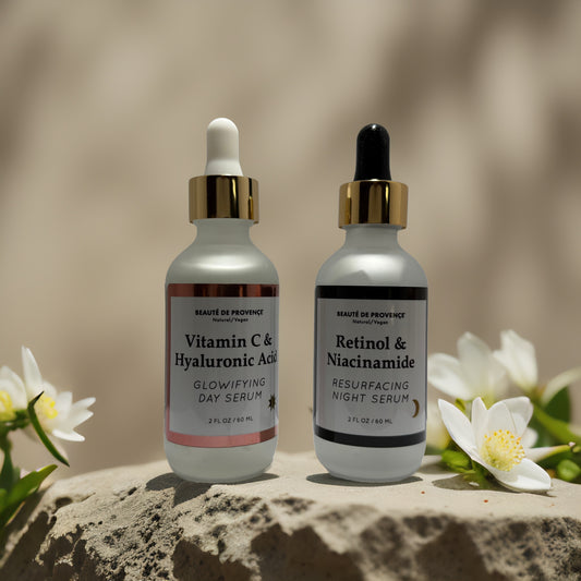 Beauté de Provence 24-Hour Glow & Repair serum duo, Vitamin C Day and Retinol Night serums for glowing skin.