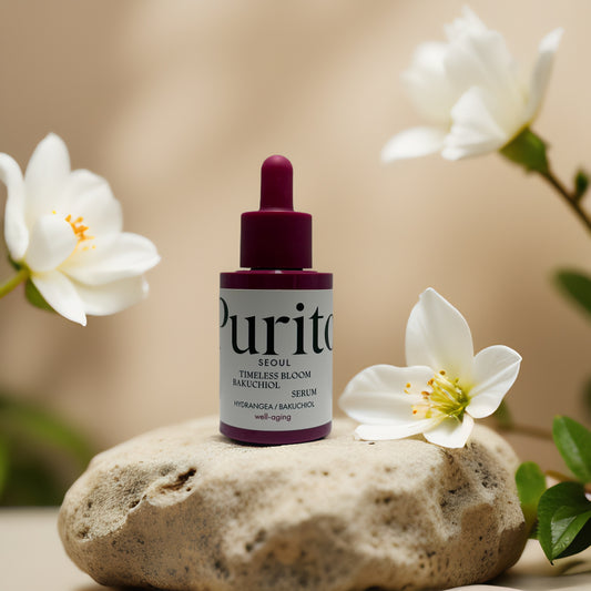Purito Timeless Bloom Bakuchiol Serum with hydrangea and camellia flowers, promoting firm and even-toned skin.