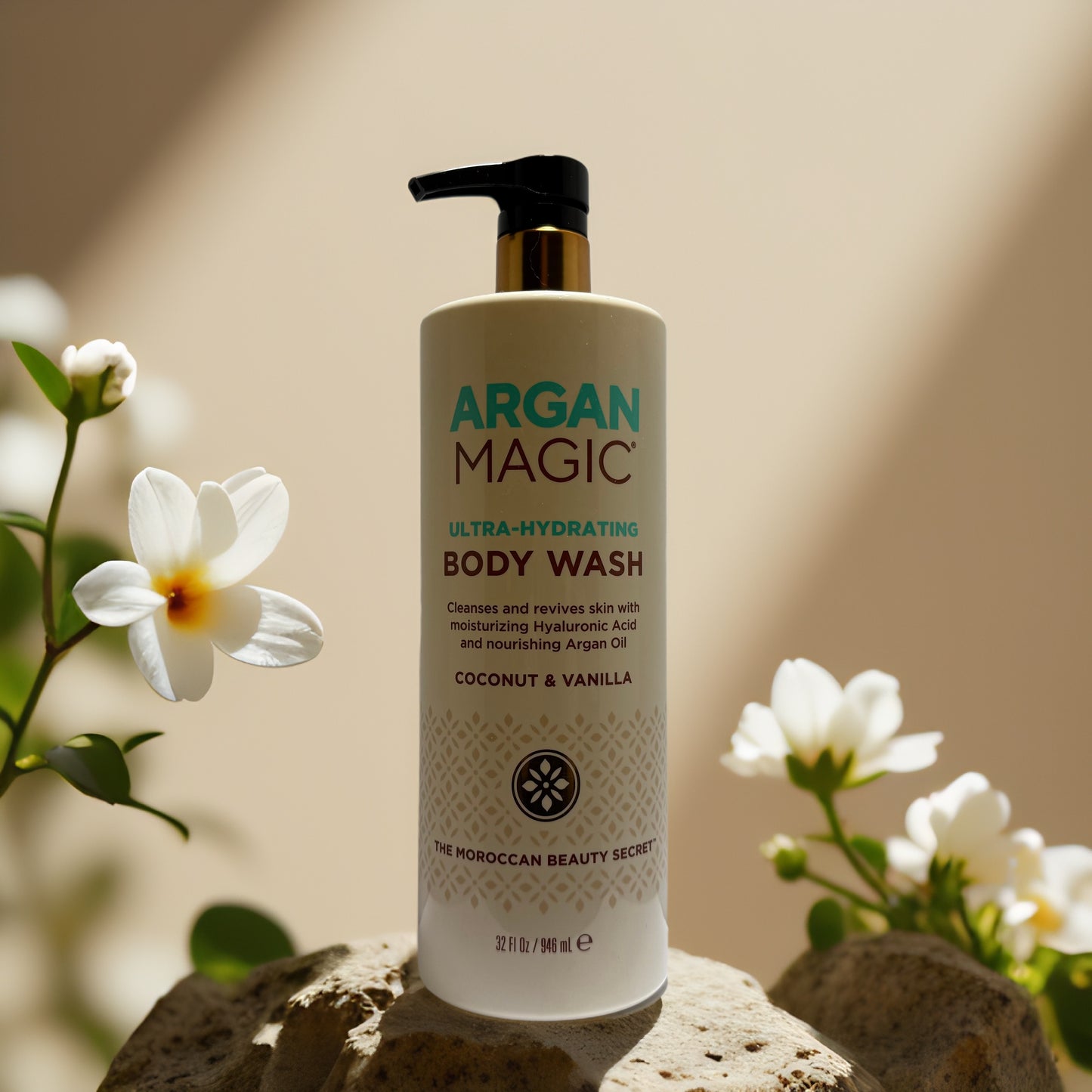 Argan Magic Ultra-Hydrating Body Wash with argan oil, coconut and vanilla scent, promoting soft, nourished skin.