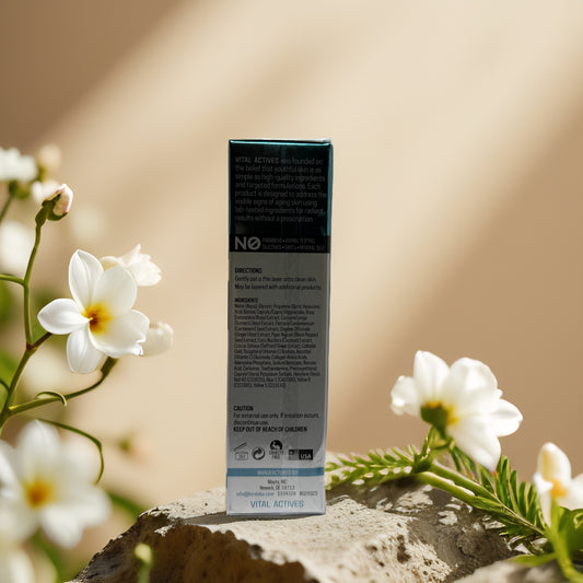 Back view of Firming Boost 7 Day Face Lift Plumping Serum by Vital Actives with floral background.