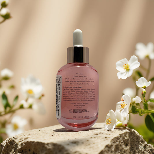 Age-Defying Retinol Serum by Precision Beauty in a glass dropper bottle, surrounded by white flowers.