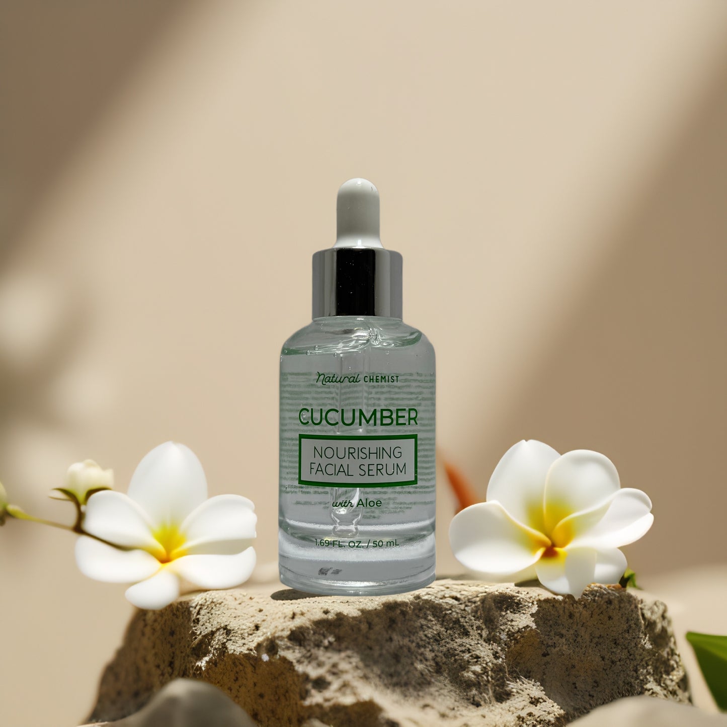 Cucumber Aloe Nourishing Facial Serum by Natural Chemist in a glass bottle, designed for hydration and soothing skin.
