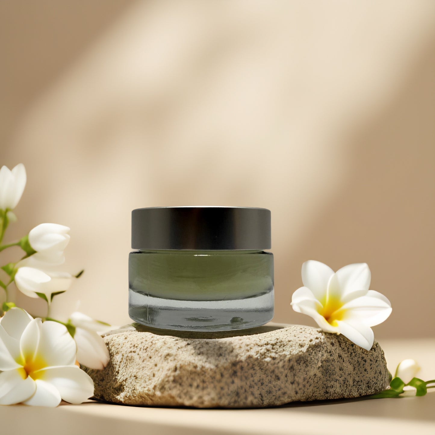 Evercalm Rescue Mask by REN Clean Skincare in a jar with flowers, ideal for soothing sensitive skin.