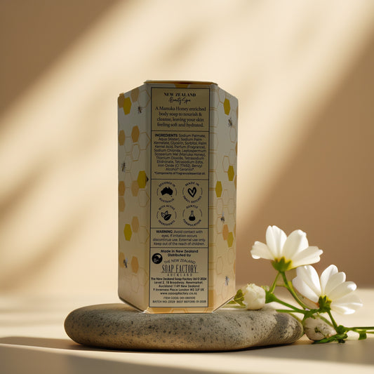 Back of Nourish & Cleanse Manuka Honey Soap box, showcasing ingredients and eco-friendly symbols.