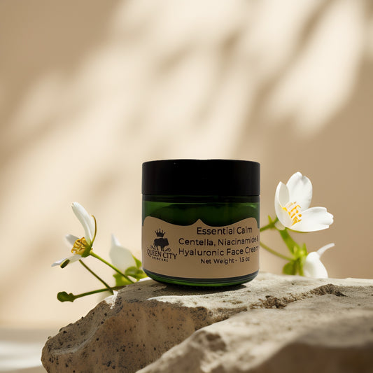 Essential Calm Face Cream by Queen City Skincare with Centella, Niacinamide, and Hyaluronic Acid for soothing hydration.