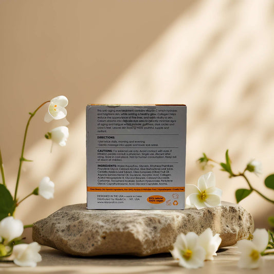 Back of Clear Beauty Anti-Aging Eye Cream box displaying directions and ingredients surrounded by flowers.