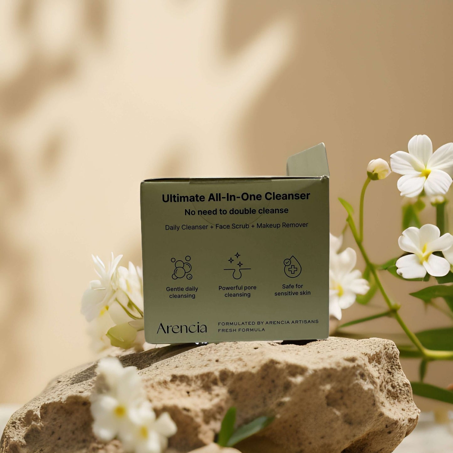 Arencia Ultimate All-In-One Cleanser box, featuring gentle cleansing, powerful pore care, safe for sensitive skin.