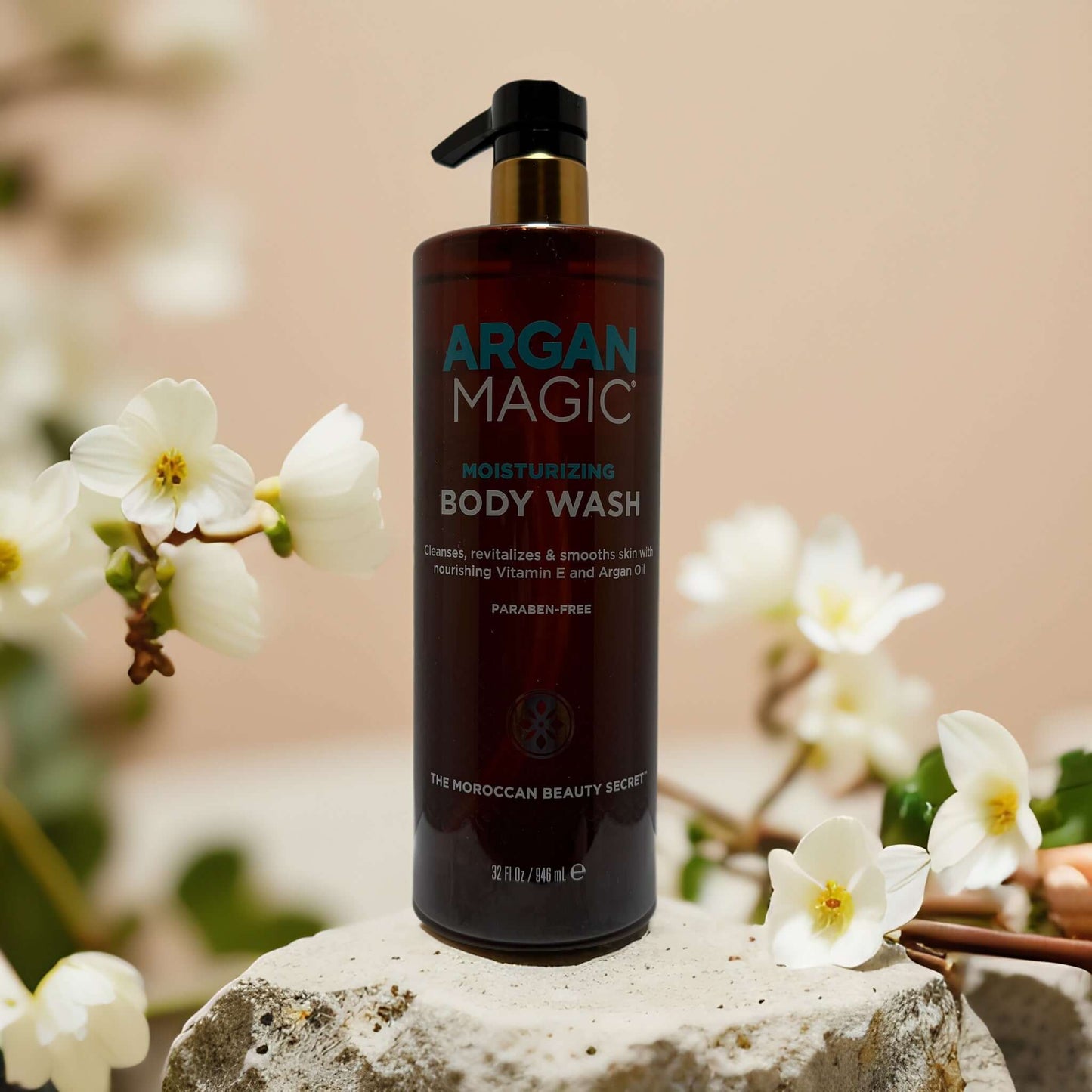 Argan Magic Moisturizing Body Wash with argan oil and vitamin E, ideal for nourishing dry skin.