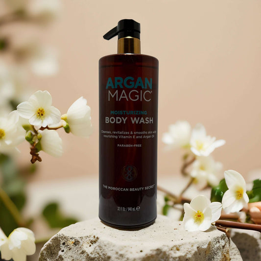 Argan Magic Moisturizing Body Wash with argan oil and vitamin E, ideal for nourishing dry skin.