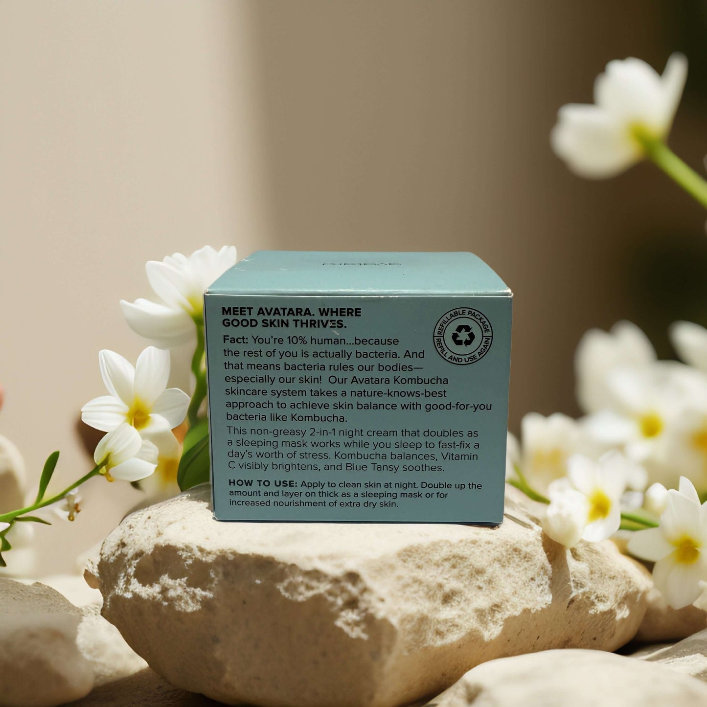 KOM-BU-CHA Sleep Mask by Avatara box with floral backdrop, highlighting its skin-balancing benefits and key ingredients.