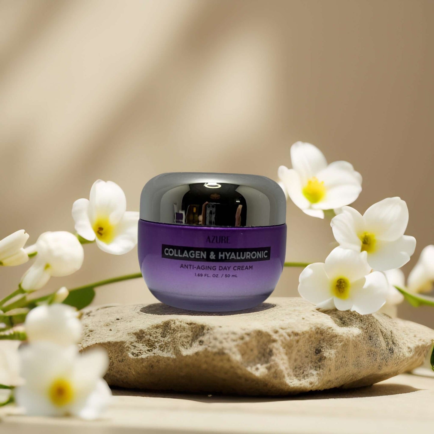 Azure Collagen & Hyaluronic Day Cream, lightweight anti-aging moisturizer with floral accents.