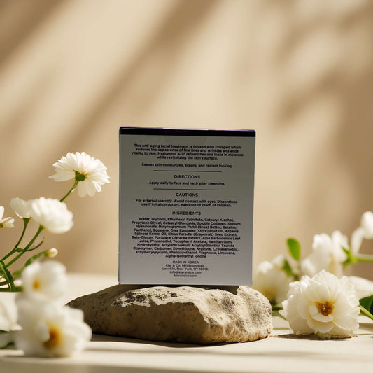 Azure Firming + Wrinkle Support cream box with directions, ingredients, and flowers, showcasing clean skincare.