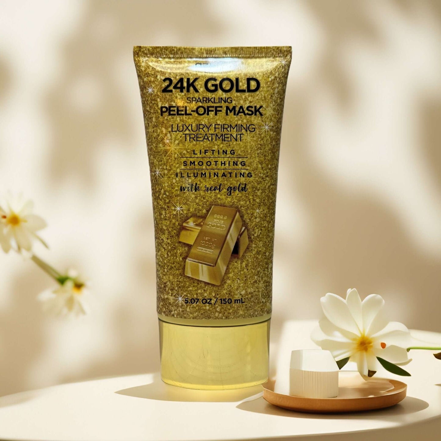 Azure Lux 24K Gold Sparkling Peel-Off Mask tube with flowers