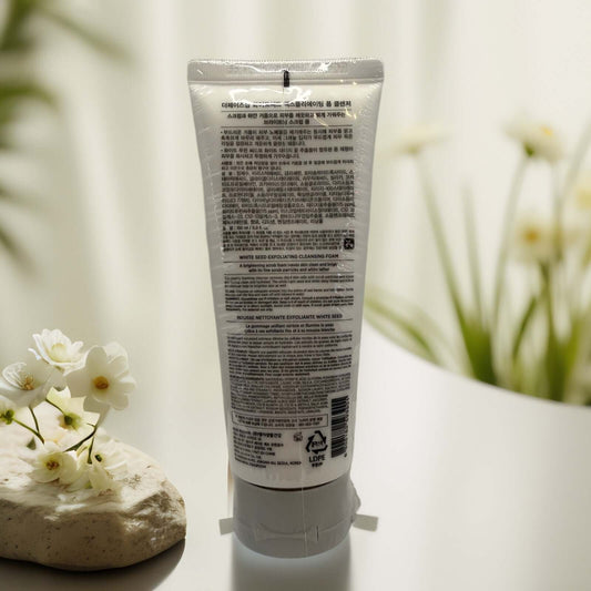 Back of White Seed Exfoliating Brightening Cleansing Foam tube.
