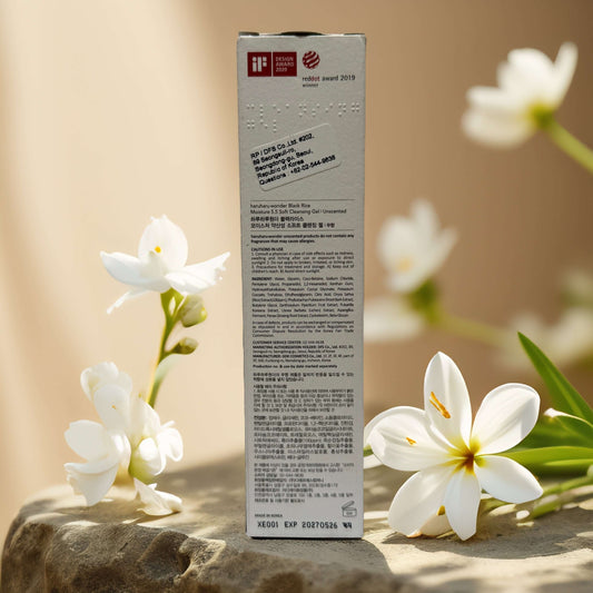 Back view of Haruharu Wonder Black Rice Cleansing Gel packaging with flowers, showcasing product details and ingredients.