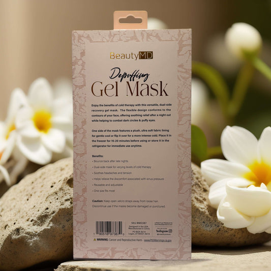 BeautyMD Depuffing Gel Mask packaging with instructions for soothing cold therapy and dual-sided use.