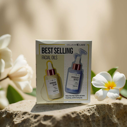 Best Selling Facial Oils by Valjean Labs: Morning Glow and Overnight Repair for radiant skin.