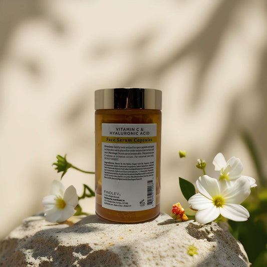 Findley Brightening & Hydrating Face Serum Pods with Vitamin C and Hyaluronic Acid on a natural background.