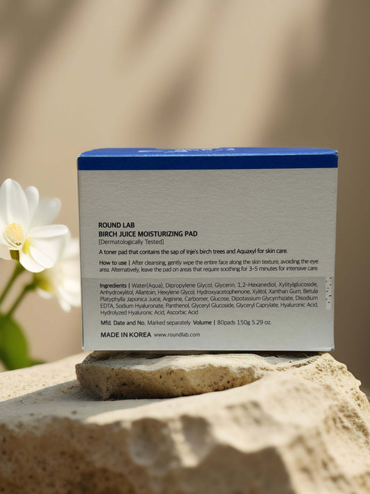 Back of Round Lab Birch Juice Moisturizing Pad box displaying product details and usage instructions.