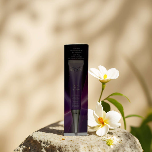 Christian Breton Liftox 360 Eye Cream for wrinkle reduction, with floral background and stone setting.